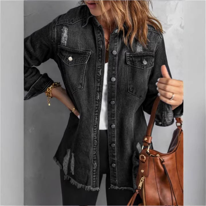 Women Oversized Denim Shirt Jacket with Distressed Details and Fringed Hem Amarae