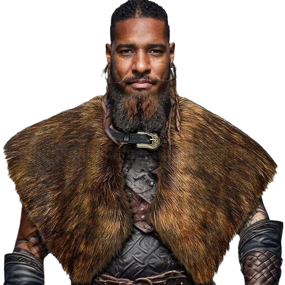Men's historically inspired faux fur shoulder cape with leather straps Amarae