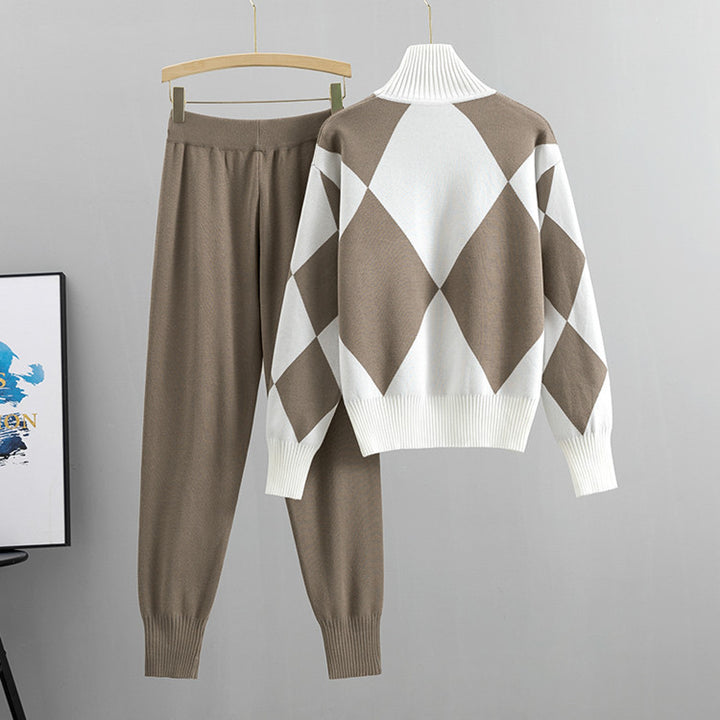 Knit set for women with a modern diamond pattern and a high collar Lune London