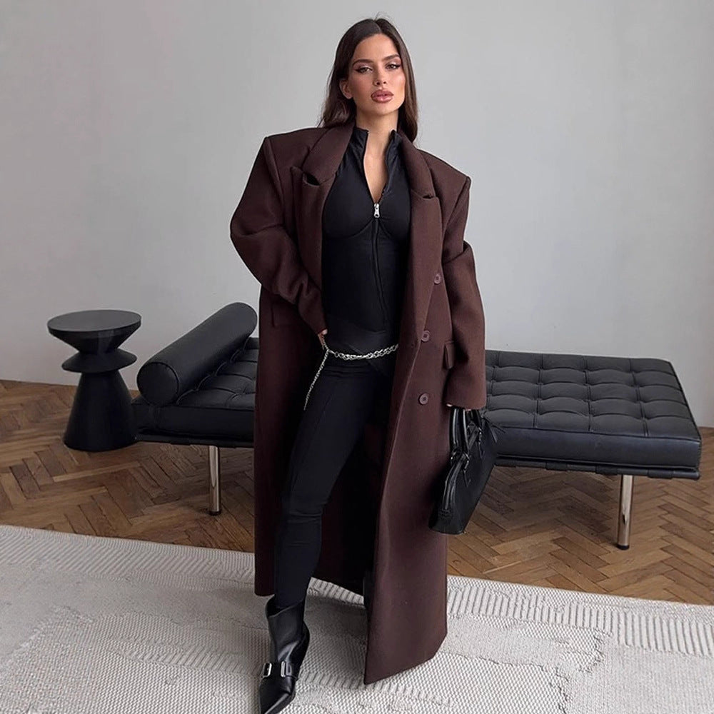 Women's Maxi-Length Wool Blend Coat with Boxy Oversized Silhouette and Distinctive Shoulders Amarae