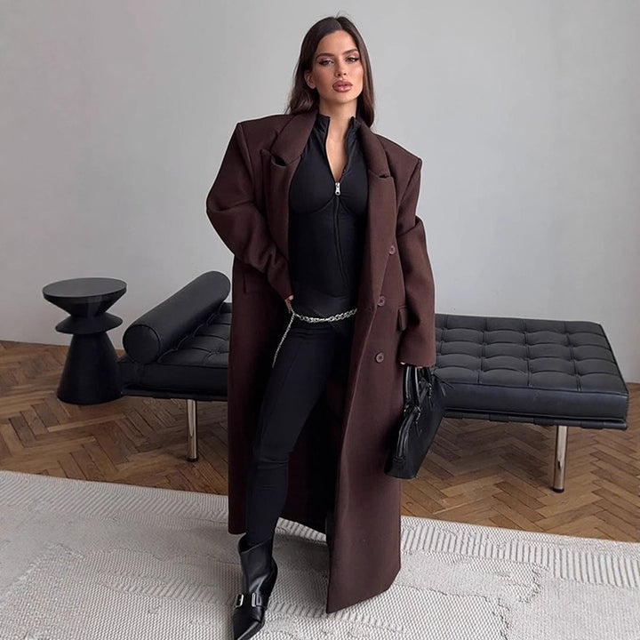 Women's Maxi-Length Wool Blend Coat with Boxy Oversized Silhouette and Distinctive Shoulders Amarae