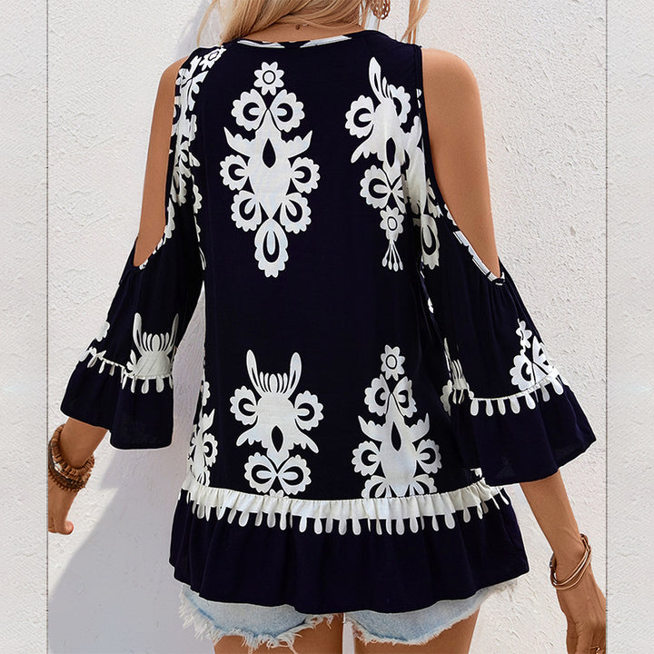 Women Cold Shoulder Bohemian Top with Flared Sleeves and Fringe Details Lune London