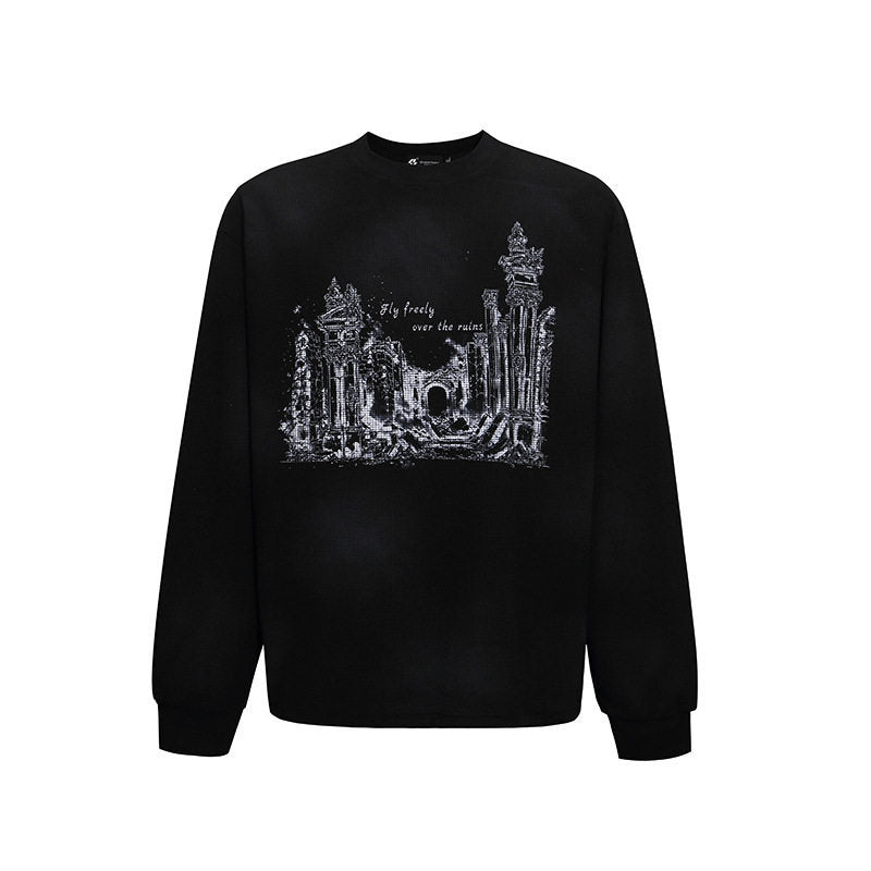 Women’s Oversized Sweatshirt with Waffle Texture, Round Neck and Ruins Sketch Print Amarae