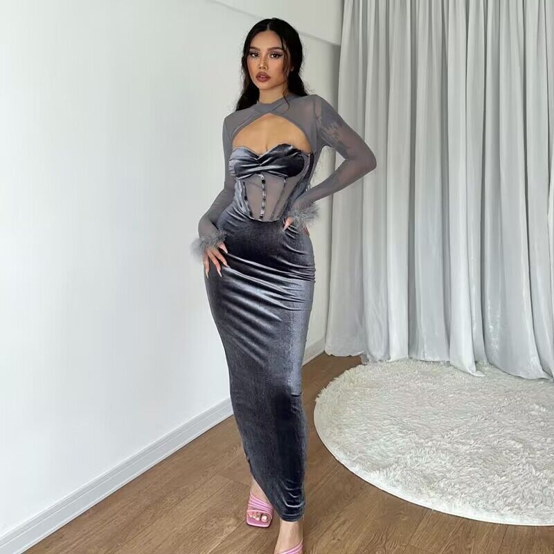 Women’s maxi dress with innovative corset top and transparent sleeves Lune London
