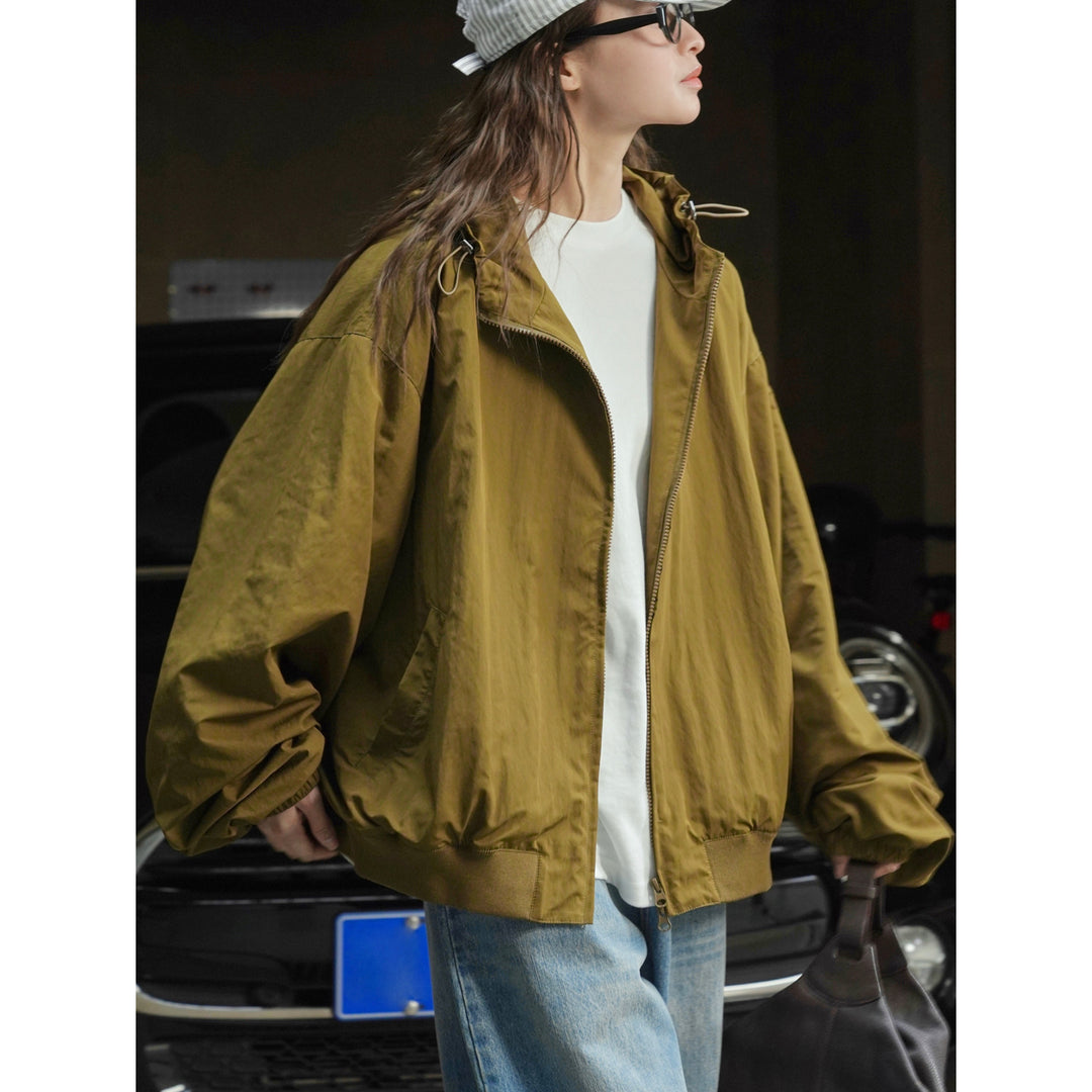 Women's Lightweight Oversized Windbreaker Bomber with Drawstring Hood and Ribbed Hem Amarae