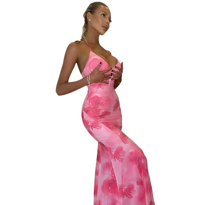 Ladies Elegant Floral Halter Maxi Dress Lune London