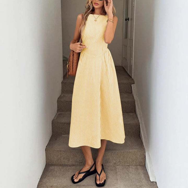 Midi dress for women with fine stripes and a fitted silhouette Lune London