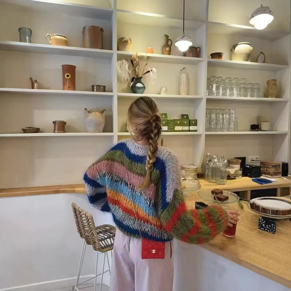 Women Oversize Knit Sweater in Mohair Look with Colorful Block Stripes Amarae