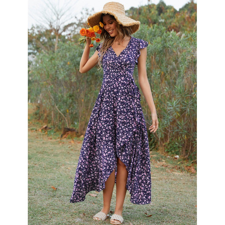 Lune London women's maxi dress with fluid sleeves and floral height difference