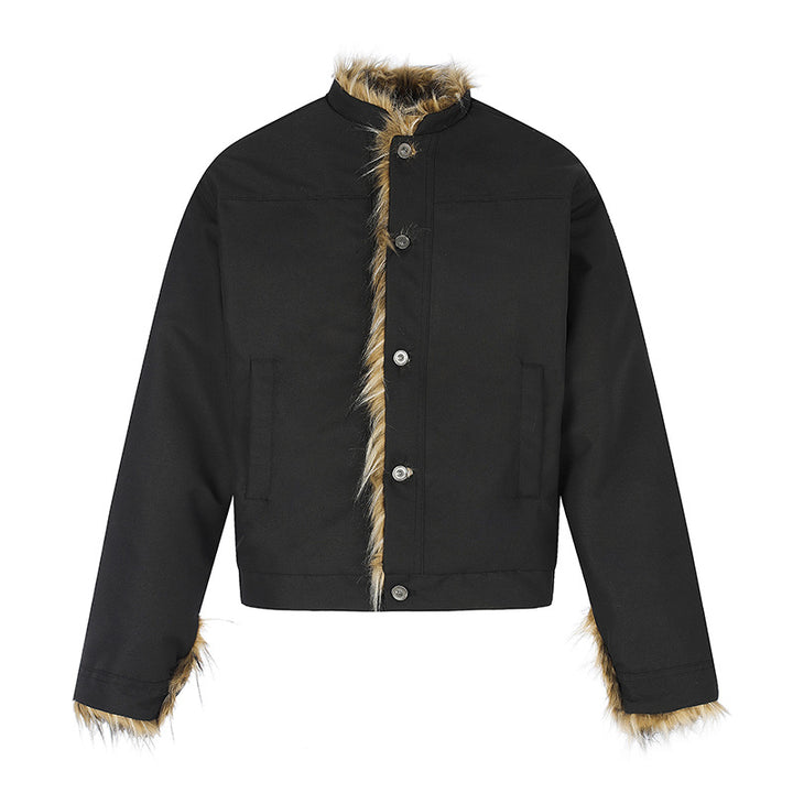 Women's Short Jacket with Faux Fur Lining, Stand-Up Collar and Concealed Button Placket Amarae