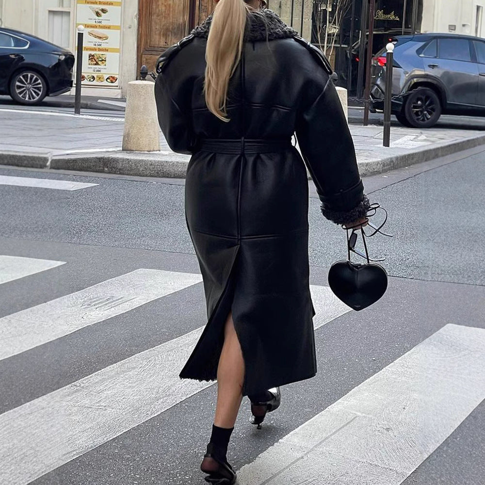 Synthetic leather coat for women with known collar and belt Lune London