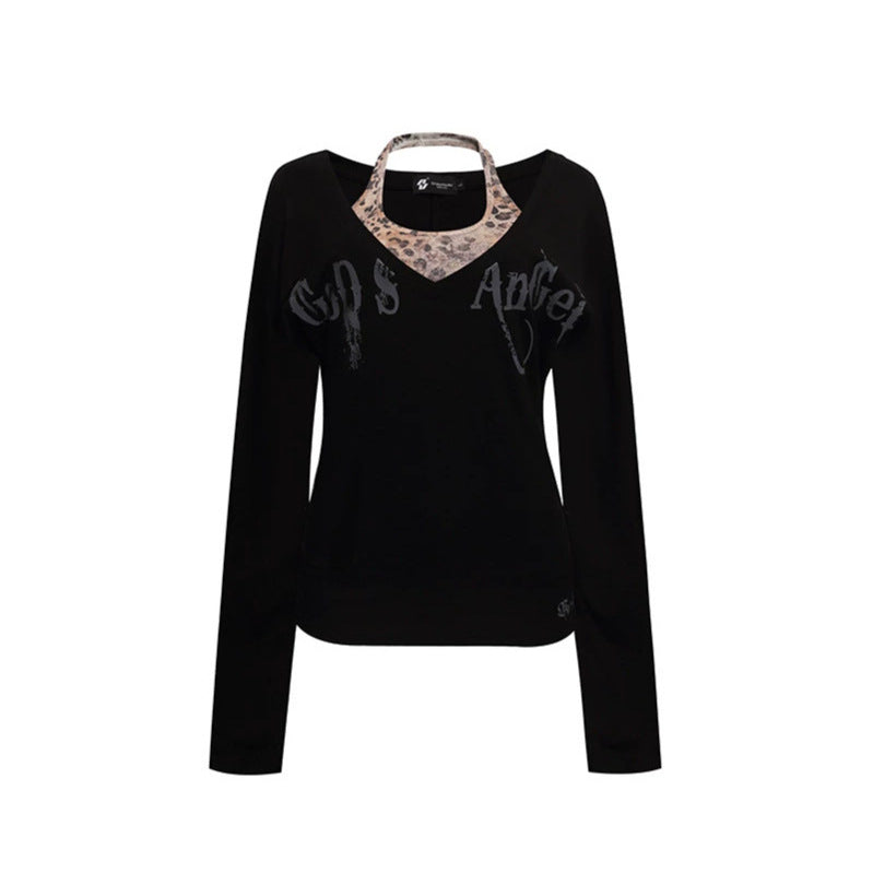Women's Layered Long Sleeve Shirt with Integrated Halter Neck and Vintage Graphic Amarae