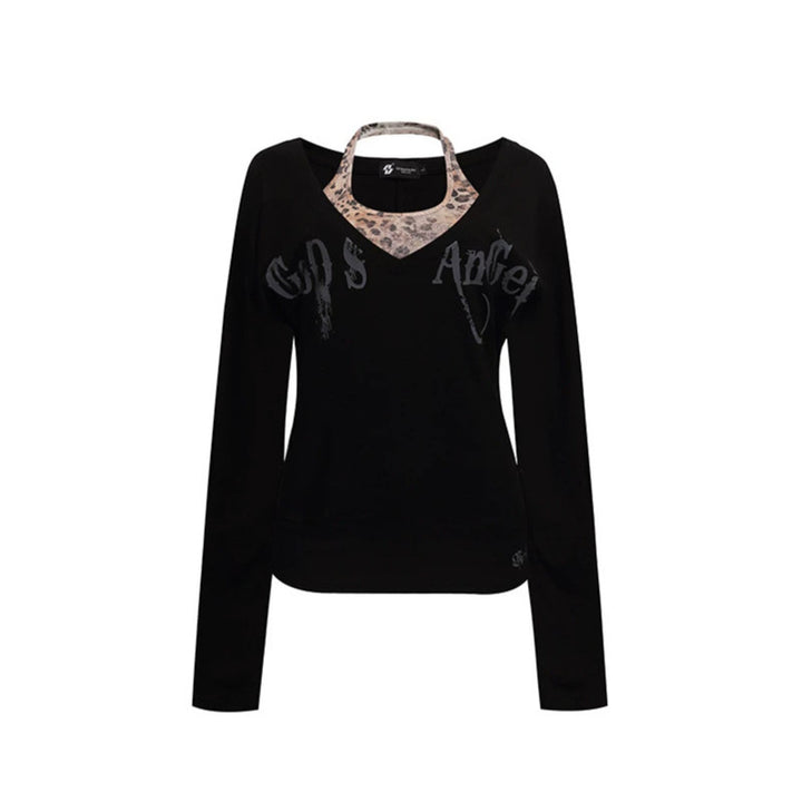 Women's Layered Long Sleeve Shirt with Integrated Halter Neck and Vintage Graphic Amarae