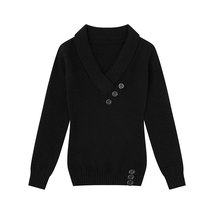 Women’s fine knit pullover with shawl collar, V-neck and decorative buttons Amarae