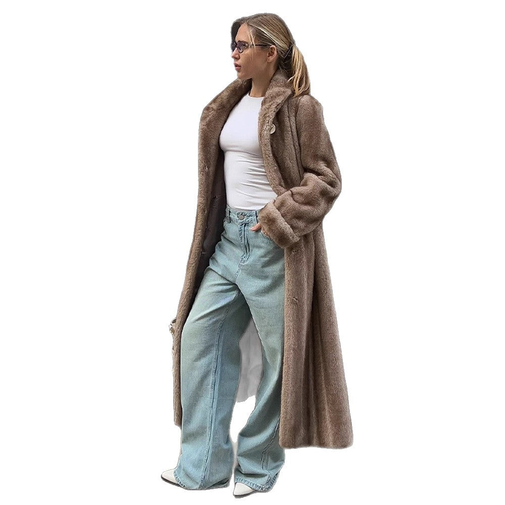 Women's Maxi Faux Fur Coat with Wide Lapel and Loose Fit Amarae
