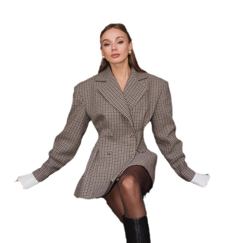 Women Elegant Checked Blazer with Double-Breasted Buttons Lune London