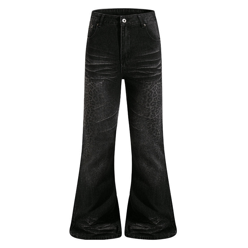 Women's High-Cut Flared Jeans with Subtle Leo Print and Used Wash Amarae