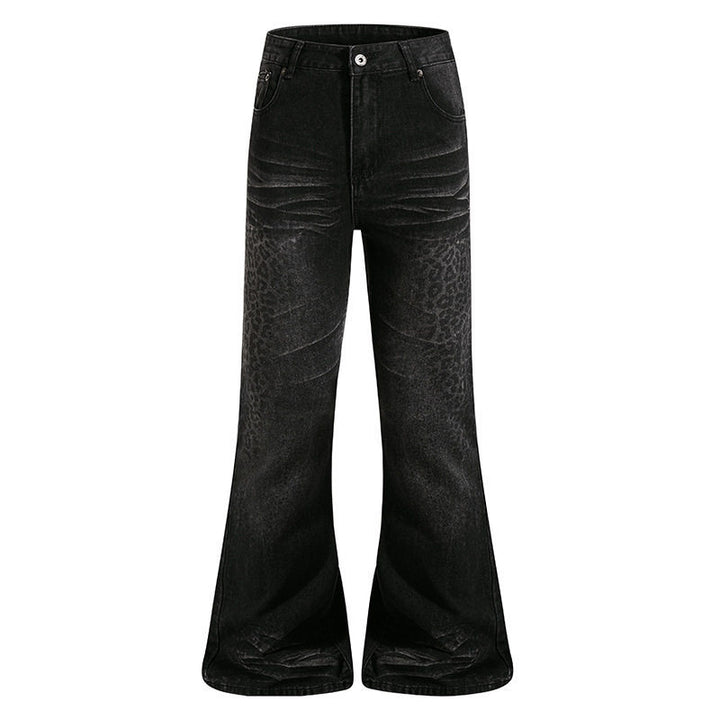 Women's High-Cut Flared Jeans with Subtle Leo Print and Used Wash Amarae