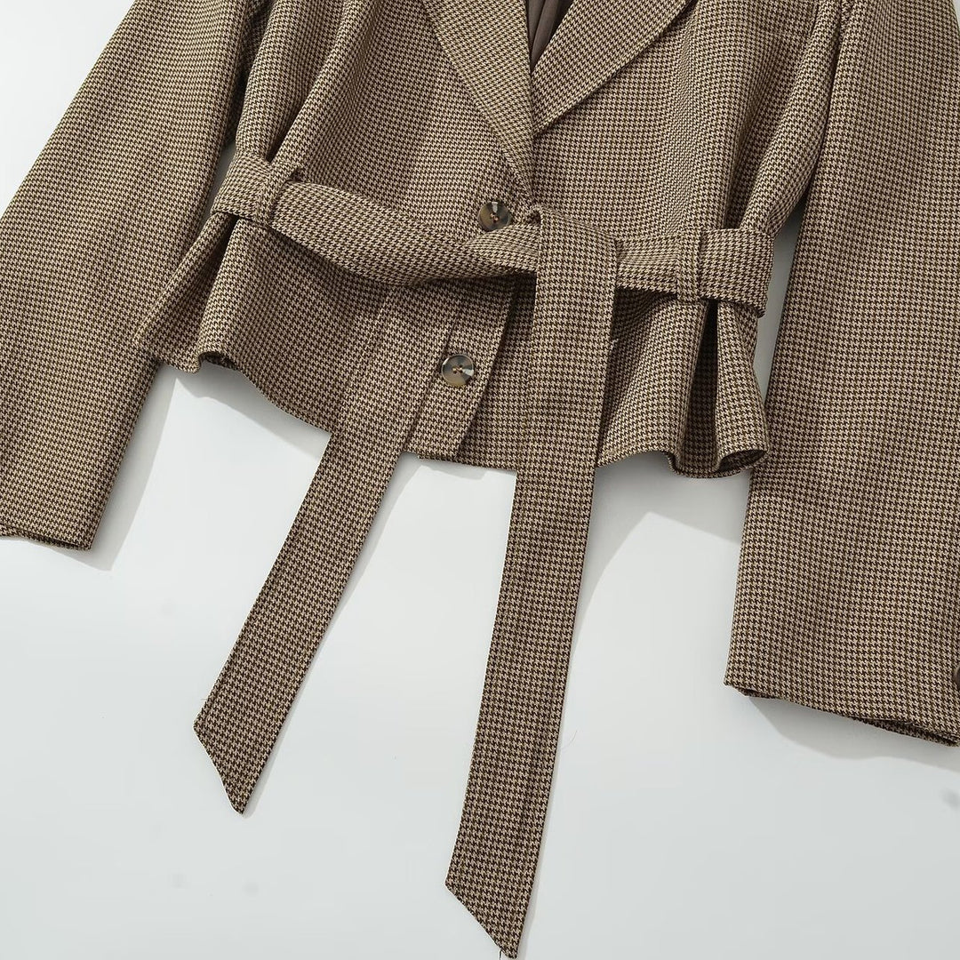 Women's Short Blazer with Tailoring Tie Belt and Houndstooth Pattern Amarae