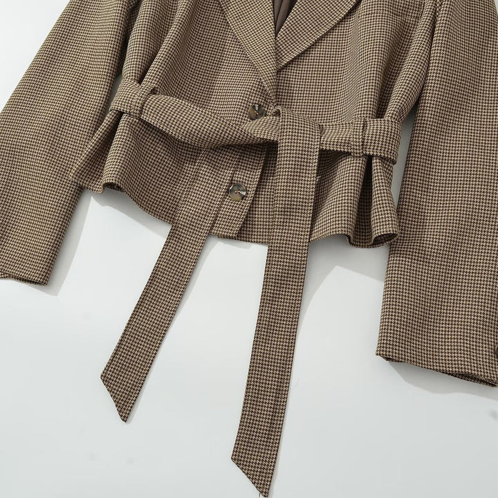 Women's Short Blazer with Tailoring Tie Belt and Houndstooth Pattern Amarae