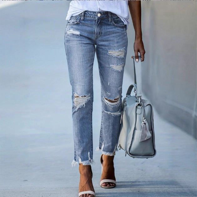 Ladies Casual Cropped Jeans with Distressed Destroy Design, High Waist and Asymmetrical Fringed Hem Amarae