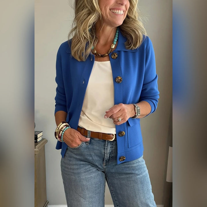 Women's short knitted cardigan with shirt collar, patch pockets, and horn buttons Amarae