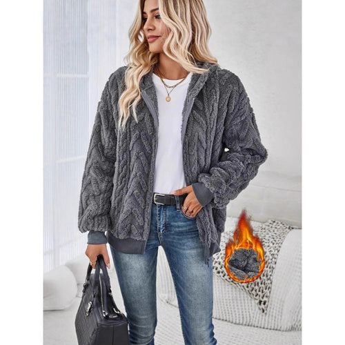 Ladies Cozy Fleece Jacket with High Collar and Chic Knit Pattern