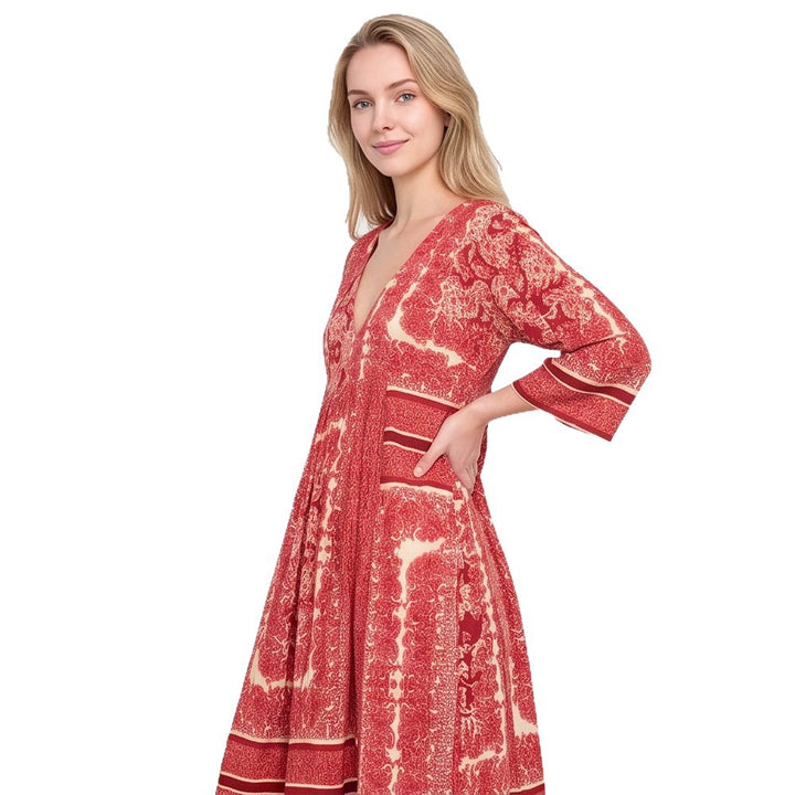 Women’s V neck midi dress with three-quarter sleeves, side pockets & flared A-line silhouette Amarae