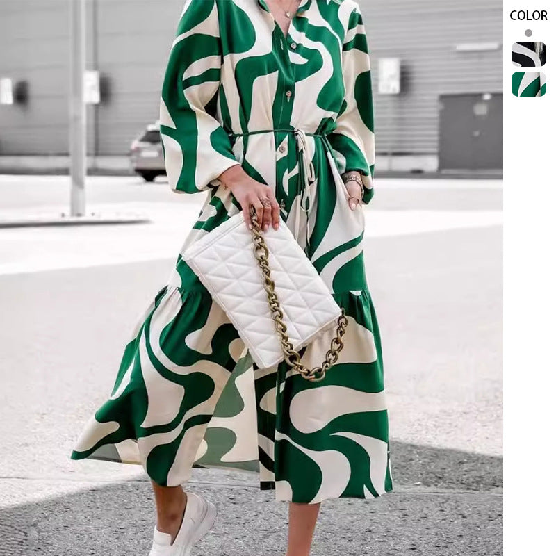 Women's Long Sleeve Shirt Dress with Fashionable Pattern and Waist Belt Lune London