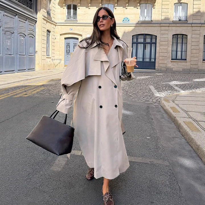 Women Oversize Trench Coat made of lightweight Gabardine with shoulder flaps and waterfall collar Amarae