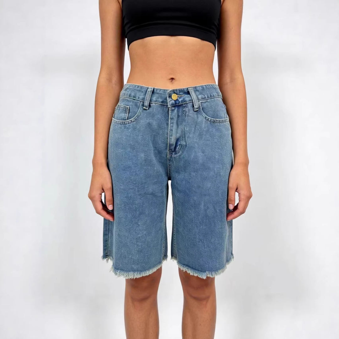Women's Casual Denim Shorts with Frayed Hem and High Waist Lune London