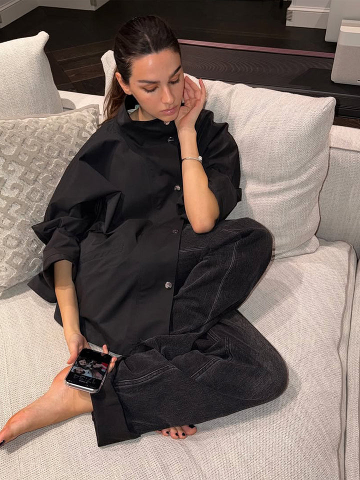 Women's oversized shirt jacket with stand collar, boxy silhouette and snap button placket Amarae