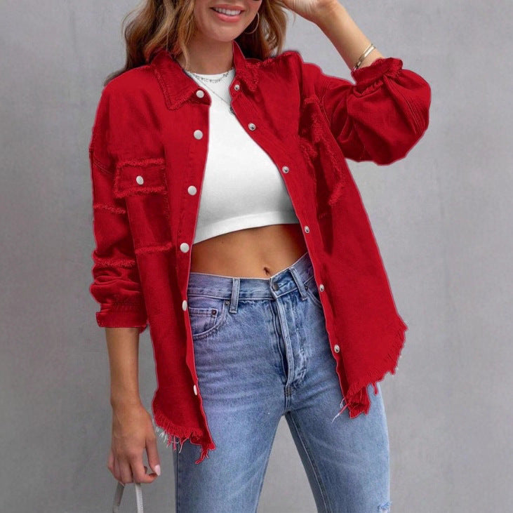 Women Casual Oversized Denim Shirt Jacket with Raw Hem and Patch Pockets Amarae