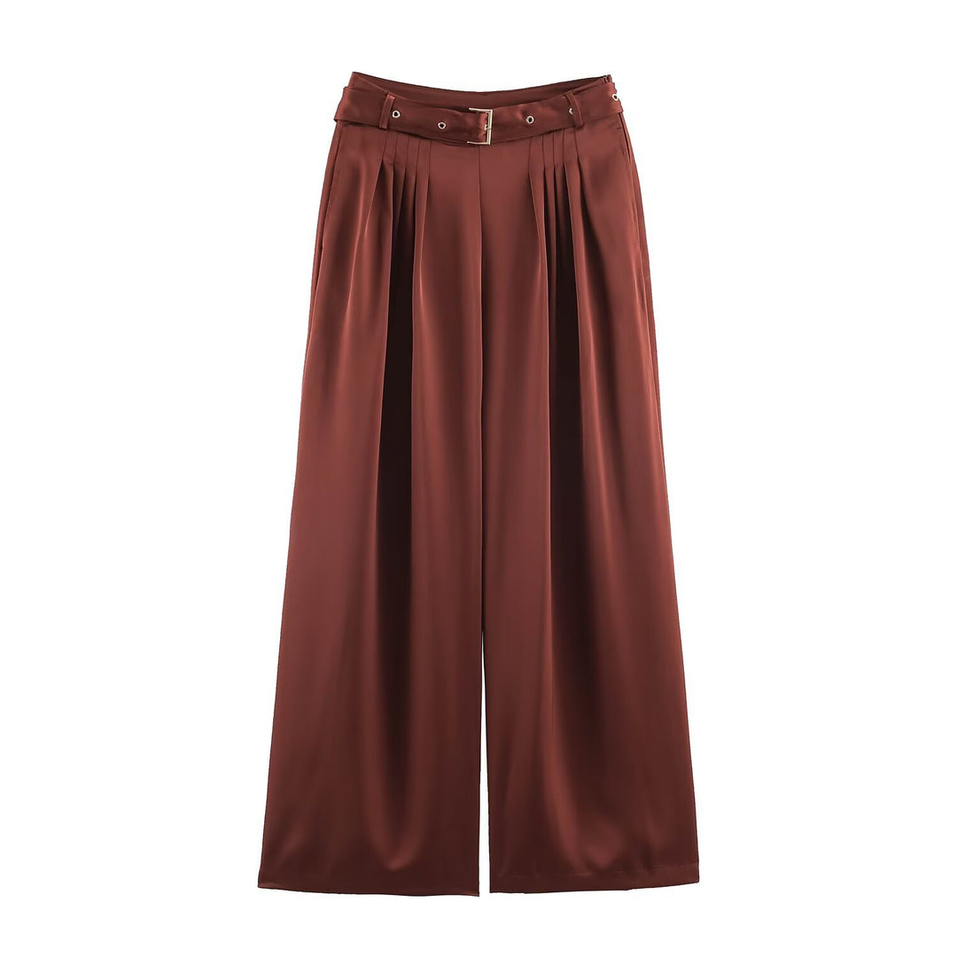 Ladies Two-Piece Satin Set with Bow Blouse and Pleated Culotte Amarae