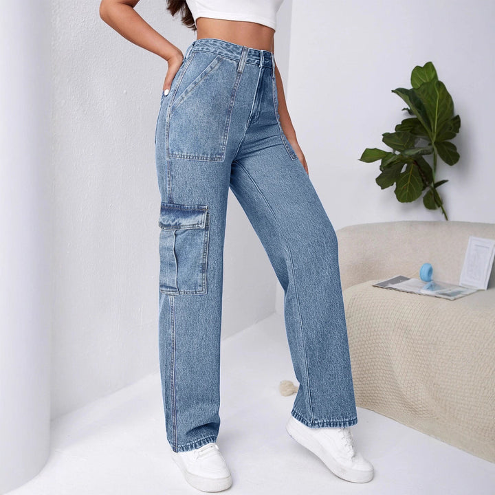 Women High-Waisted Cargo Wide Jeans with Patch Pockets and Elastic Hem Amarae