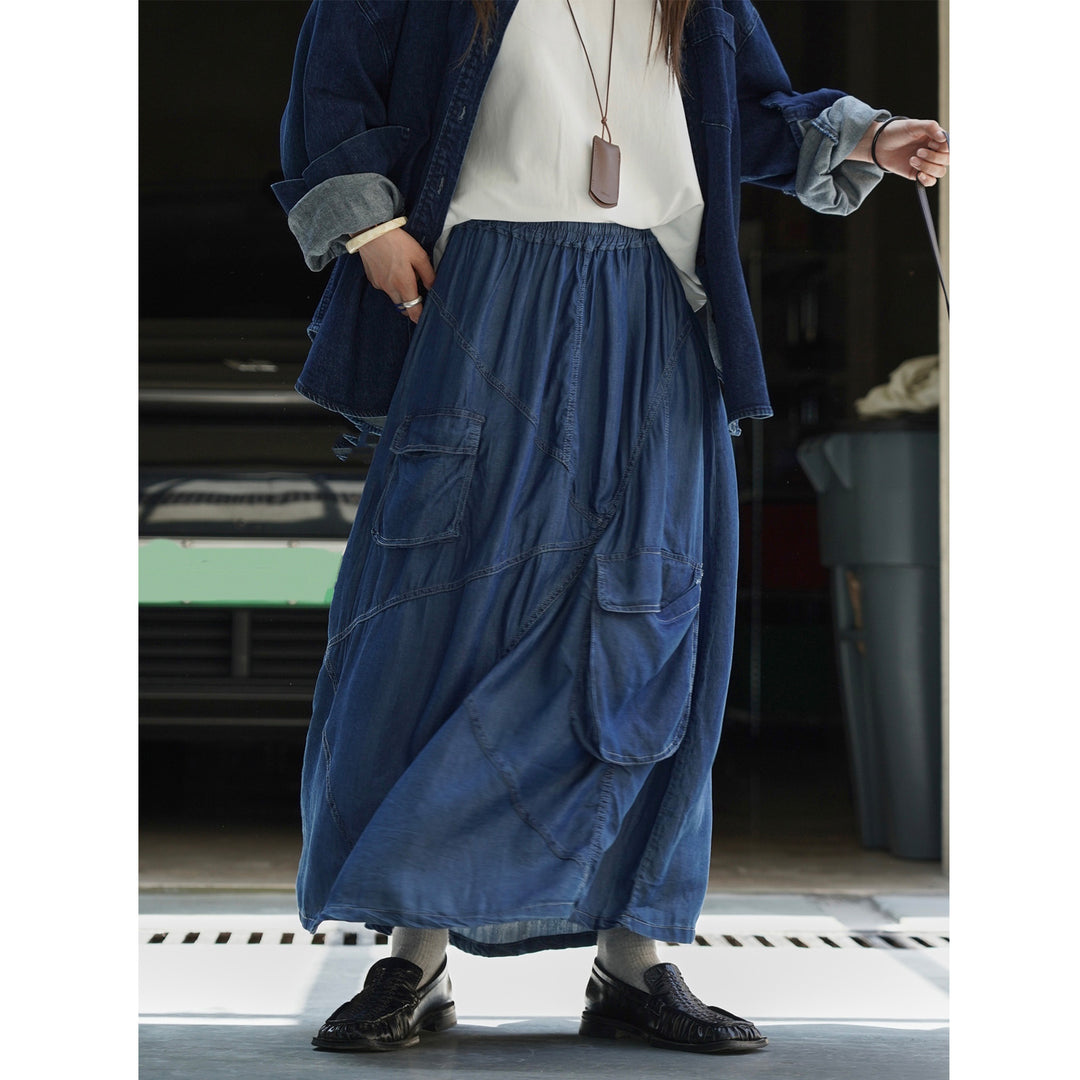 Women's Long Denim Maxi Skirt with Elastic Drawstring Waistband and Attached Cargo Pocket Amarae