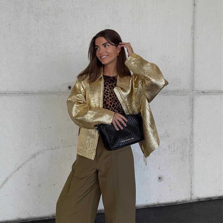 Women Short Textured Metallic Bomber Jacket with Boxy Silhouette Amarae