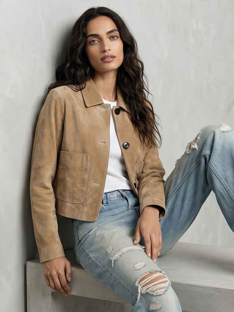 Women Short Suede Jacket in Clean-Cut with Patch Pockets Amarae