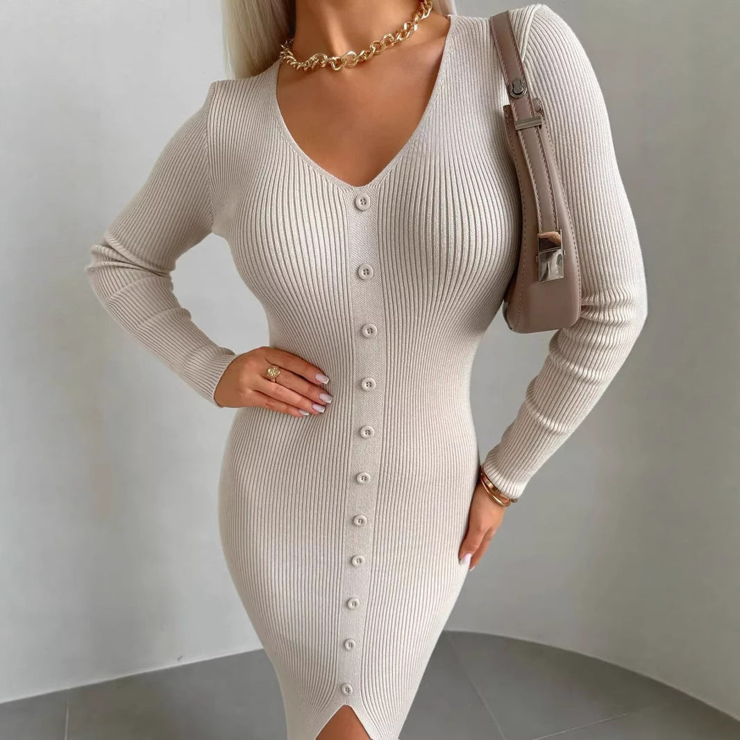 Knit dress for women with deep V-neck and continuous button placket Lune London