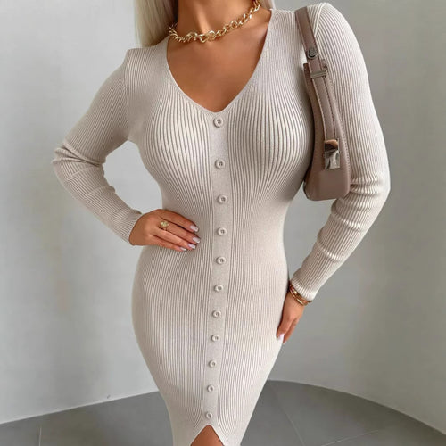 Robe tricotée pour femmes avec décolleté en V et patte de boutonnage intégrale Chic & Stil