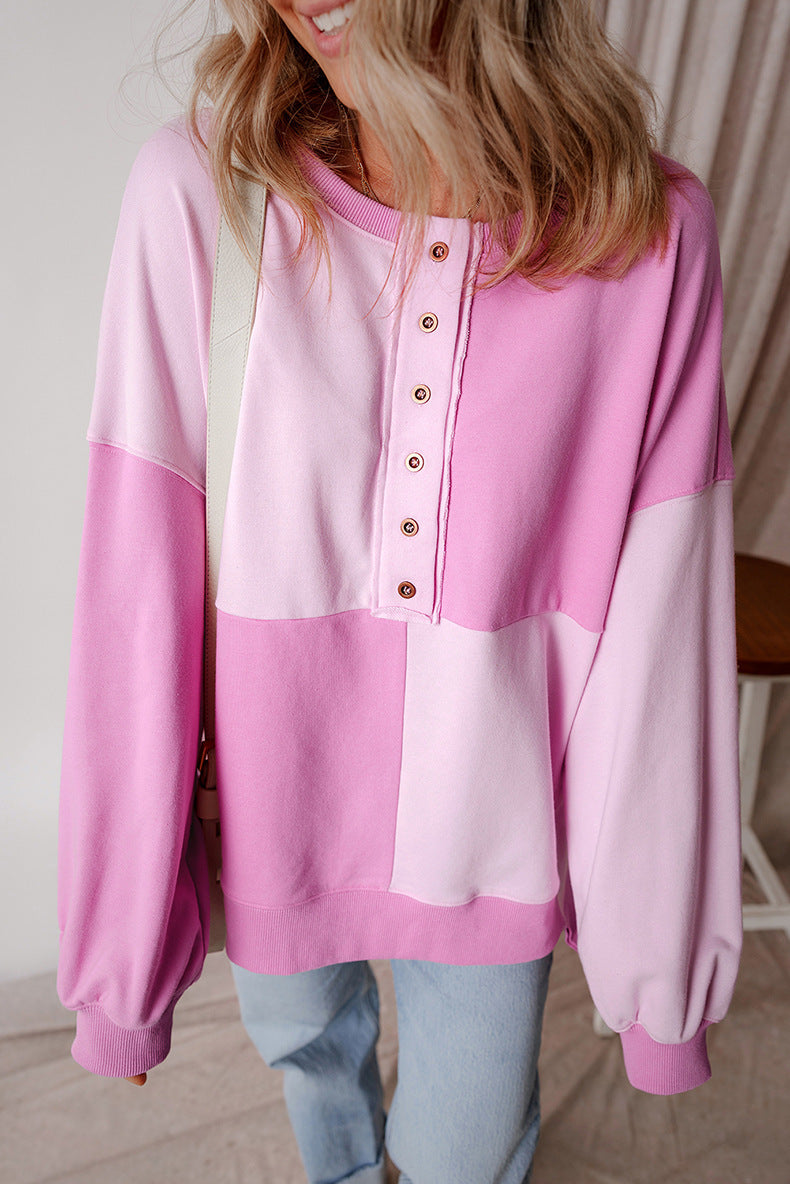 Women's Oversized Long Sleeve Sweatshirt in Colorblock with Henley Button Placket and Balloon Sleeves Amarae