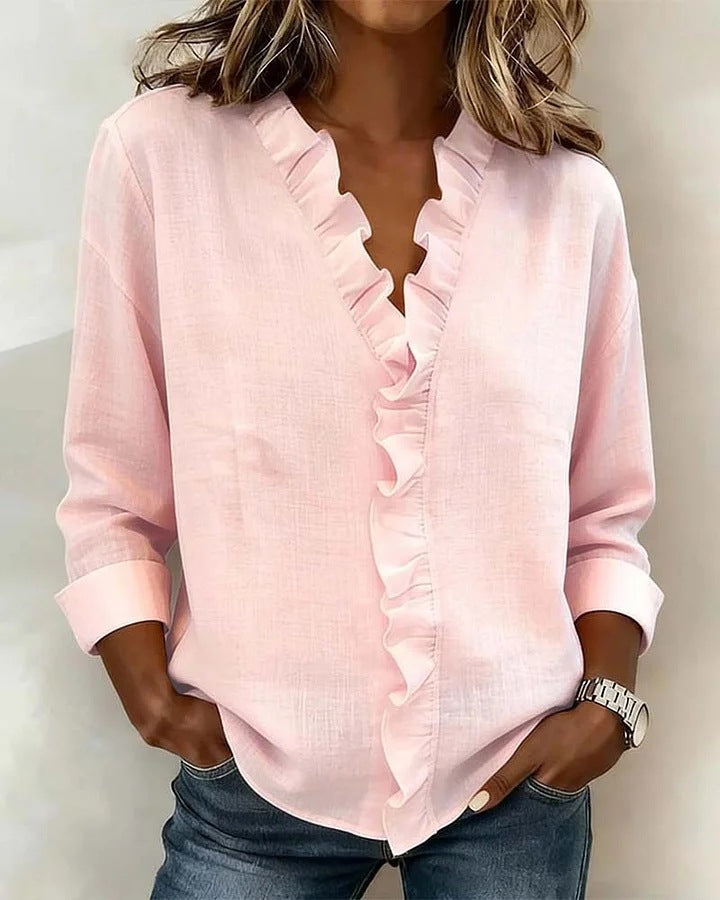 Women's romantic blouse with ruffle details and V-neck Lune London
