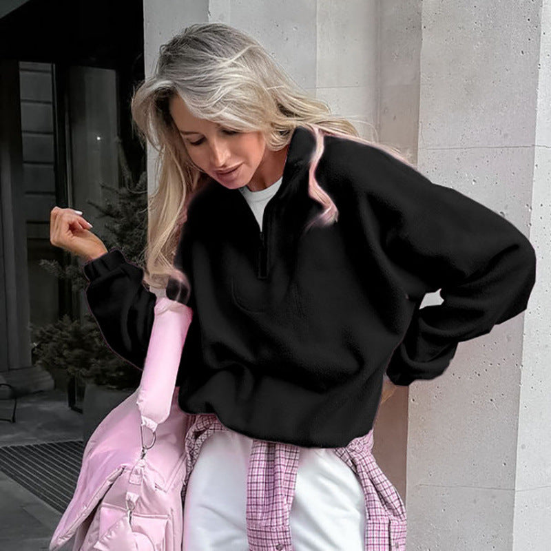 Women’s Oversized Fleece Pullover with Half Zipper and Stand-Up Collar Amarae