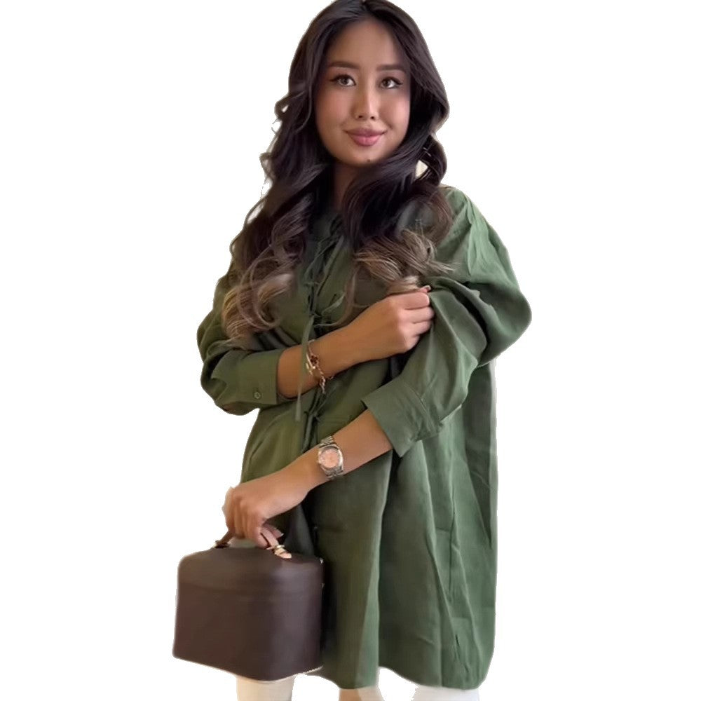 Women's Long Cut Linen Blouse with Chinese Knot Closure and Stand-Up Collar Amarae