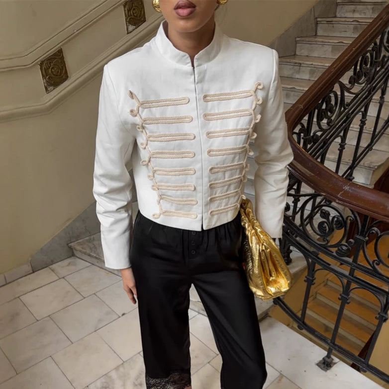 Women Cropped Military Blazer with Stand Collar and Decorative Cord Decoration Amarae