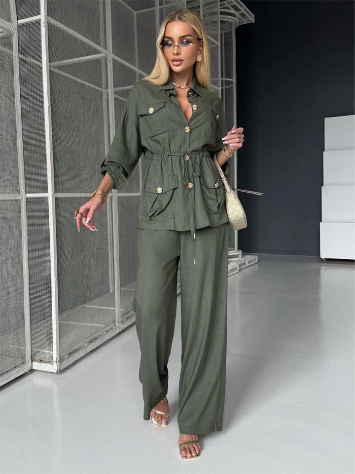 Women's Linen Look Utility Shirt Jacket with Drawstring Waist and Golden Decorative Buttons Amarae