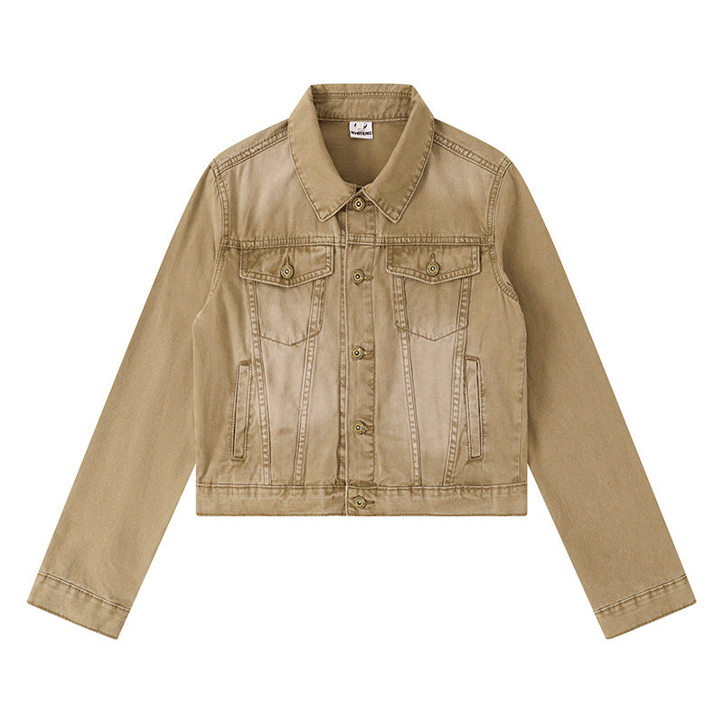 Women's Short Denim Jacket in Vintage Style with Button Placket, Chest Pockets and Fitted Cut Amarae