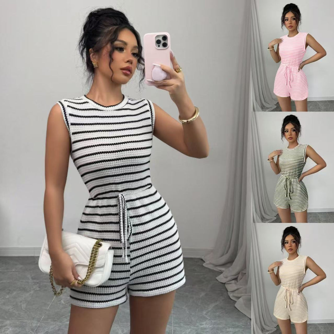 Women striped short jumpsuit with drawstring waist Lune London