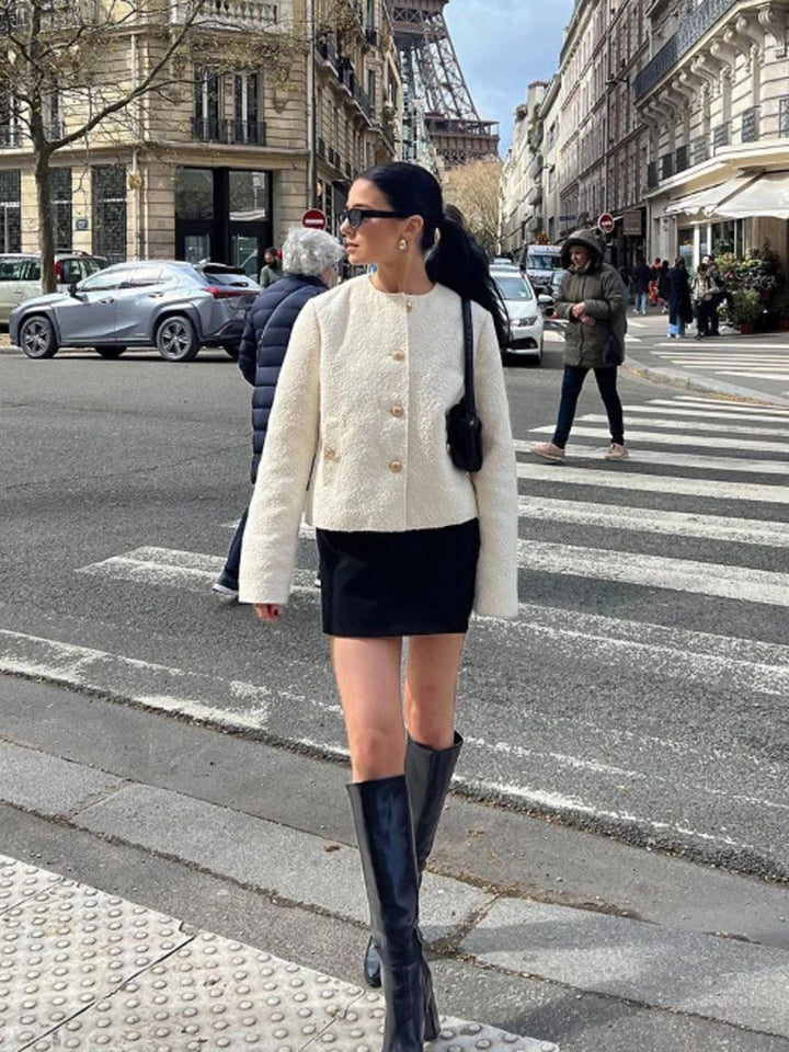 Women's Boucle Jacket with Gold-Embellished Buttons and Boxy Cropped Cut Amarae