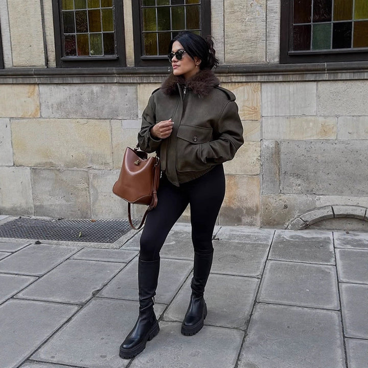 Women's pilot jacket made of suede imitation with removable faux fur collar and patch flap pockets Amarae